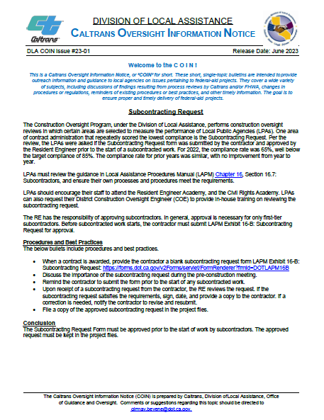 Caltrans Oversight Information Notice #23-01 – Local Assistance Blog