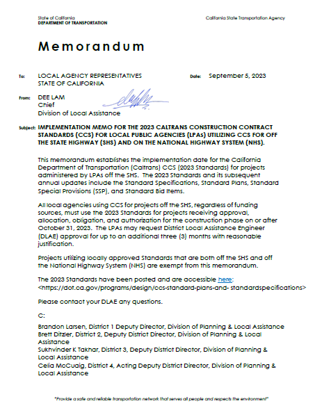 Caltrans DLA Implementation Memorandum: 2023 Caltrans Construction ...